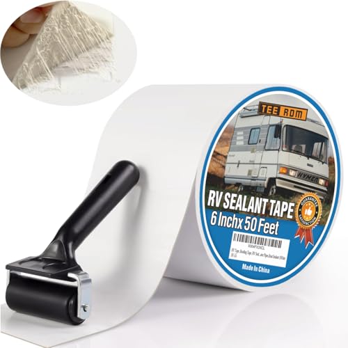 Image of RV Roof Tape White,6 Inch X 50 Feet RV Sealant Tape with Rubber Roller,Camper Roofing Repair Sealant Tape, Waterproof Leak Tape for RV Repair,UV Resistant, Weatherproof, for Boat Sealing, Camper