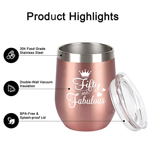 Gingprous 50Th Birthday Gifts For Women Wife Mom Friends Coworkers, Fifty And Fabulous Wine Tumbler For 50Th Birthday, 12 Oz Stainless Steel Insulated Wine Tumbler With Lid And Straw, Rose Gold #TOP1
