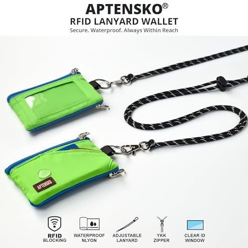 Image of RFID Blocking Travel Wallet with Adjustable Lanyard, Small Nylon Zipper Pouch and Badge Holder for ID, Credit Cards, Cash, Keys, Commuters (Green)