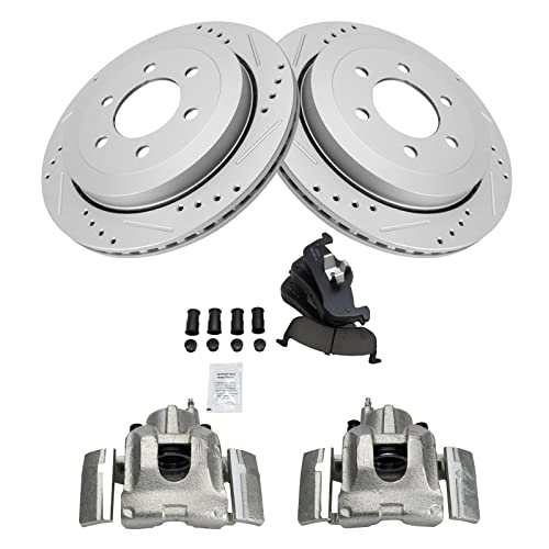 Image of TRQ Rear Performance Brake Pad, Caliper, & Rotor Kit Ceramic Vented Premium G-Coated Compatible with 2007-2017 Ford Expedition Lincoln Navigator