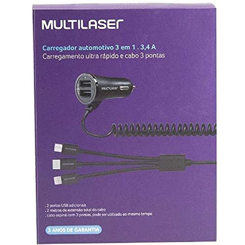 Carregador Automotivo 3 em 1 Type C + IPhone + Micro USB com 2 Portas USB 3,4A Preto Multilaser - CB