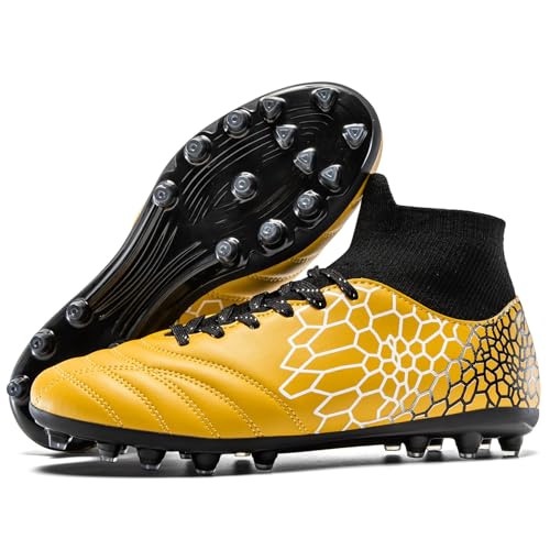 DGJG Boys Girls Soccer Cleats Lightweight Training Football Cleats Youth High-top Soccer Shoes Non-Slip Futsal for Big Kid, Yellow/Black/Silver, 5 Big Kid