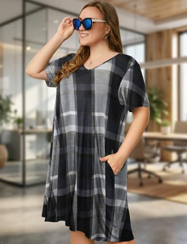 Image of OVERWORETY Womens Short Sleeve Plus Size T-Shirt Dress V Neck Casual Loose Swing A-Line Summer Tunic Dresses with Pockets