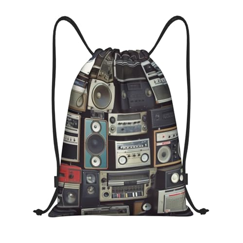 LHBWCVN Vintage Wall of Radio Boombox Drawstring Backpack for Men Gym Bag String Bag Waterproof Drawstring Bag for Women Swim Bag Medium