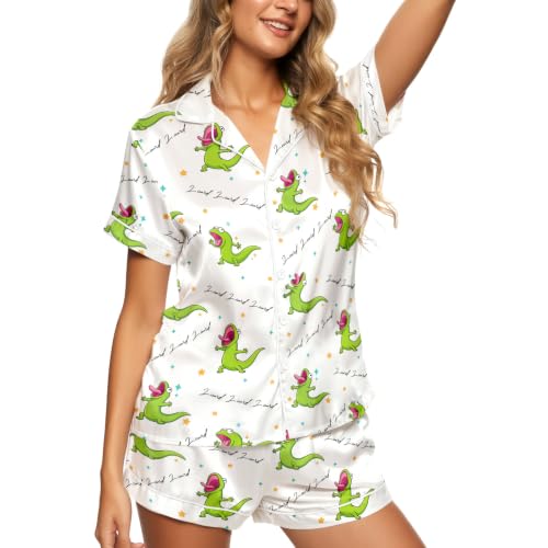Image of HUNTFAMI Womens Soft Silky Satin Pajamas Set, 2 Pcs Sleep Short Pajamas for Mom and Grandma Button Down Summer Loungewear