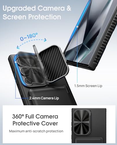 Image of Vihibii for Samsung Galaxy S24 Ultra Back Cover with Card Holder (4 Cards) & Stand & Camera Protective Cover, Hard Back Soft Edge Shockproof Kickstand Phone Case for Samsung S24 Ultra 6.8 inch, Black
