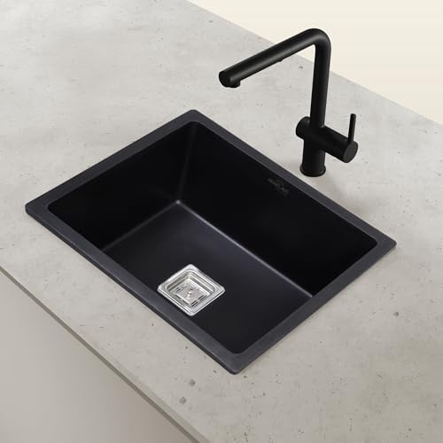 Image of Benelave by Hindware BLACP91005 Quartz Sink 21x18 for Kitchen | Single Bowl | Black Color | Better Sound Absorption for Quieter Use | 7-year Manufacturer Warranty