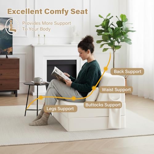 Image of Tiita Convertible Folding Sofa Bed Single Size for Adults with Pillow, Plush Fabric Floor Mattress Couch Bed, Washable Cover & Side Pocket, Guest Room, Dorm, Apartment, Living Room, Beige