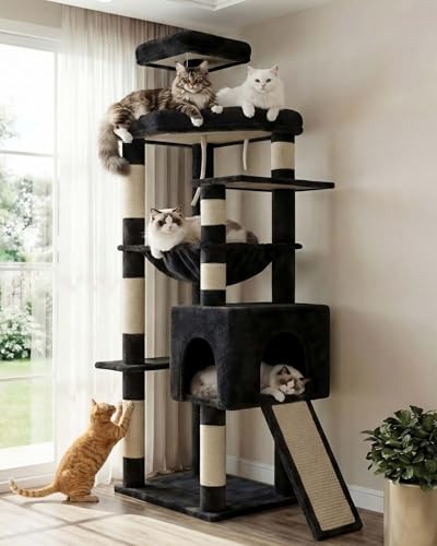 Heybly Heavy Duty Cat Tree 64.2-Inch Tall Tower for Large Indoor Cats with Widened Structure Cat Furniture with Big Platforms Extra-Large Hammock Sisal Scratching Posts & Board Smoky Gray HCT027G