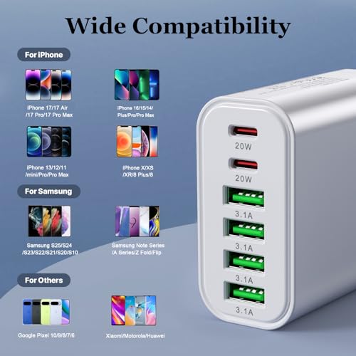 Image of USB Wall Charger Block, 70W 6-Port( 2USBC+4USBA) Fast Charging Block, USBC Multiport Wall Plug for iPhone 17 /16 /15 /14 /13 /12, Samsung S25 /S24 /S23,Universal Power Adapter