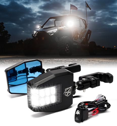 Xprite UTV Side View Mirrors Aluminum w/LED Spot Lights Clear Lens Compatible with 1.75-2 Roll Cage Bar for Pioneer Polaris RZR SXS Can Am X3 Kawasaki Teryx Mule Yamaha Rhino Wolverine