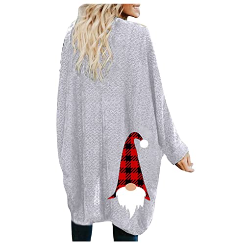 WUHOVILA Christmas Print Cardigan For Women,Women's Fashion Solid Color Long-Sleeved Christmas Print Cardigan Cotton Mid-Length Cardigan Jacket With PocketsH-GrayL