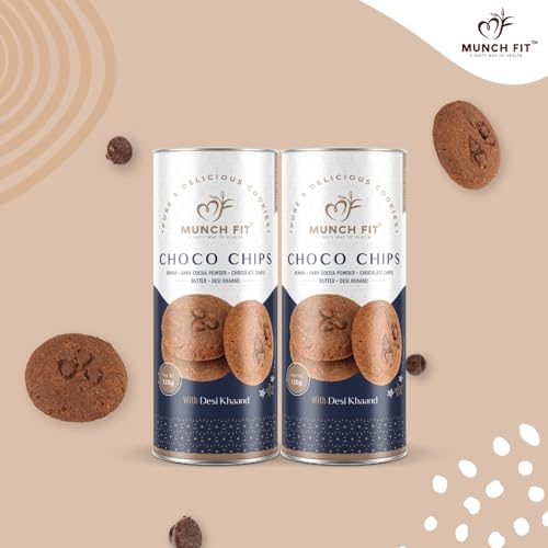 Image of Munch Fit Millet Choco Chip Cookies, Egg Less Cookies Made with Desi Khand 125gm Pack of 2 | Healthy, Tasty & Crunchy Jowar Choco Chip for Kids & Adults | Protein Rich No Maida, No Added Sugar