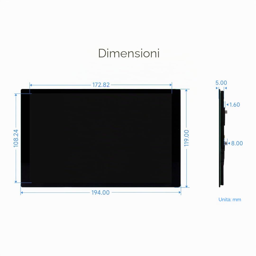 Waveshare Display LCD touch capacitivo da 8 pollici per Raspberry Pi,1280 × 800, pannello di visualizzazione IPS, interfaccia DSI, tocco a 10 punti, a colori, con ampio angolo di visione di 178 °