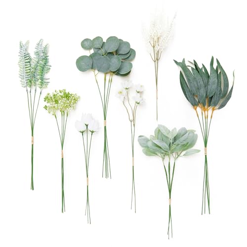 MISSPIN 28PCS with 8 Kinds of Artificial Greenery Stems Box Set, Faux Greenery Flowers Picks Eucalyptus Leaves for DIY Bridal Bouquets Wedding Centerpiec Floral Arrangement Table Centerpieces