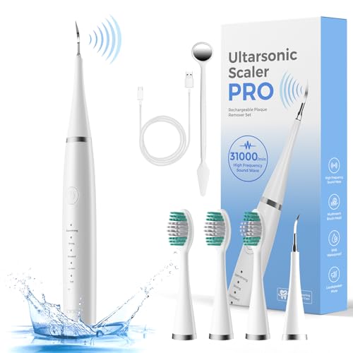 超音波歯クリーナー 口腔洗浄器 USB充電式 5つモード調節可能 2分間オートタイマー機能 IPX6防水 電動歯ブラシヘッド3個付き 超音波振動 クリーニングキット 日本語取扱説明書 (White)