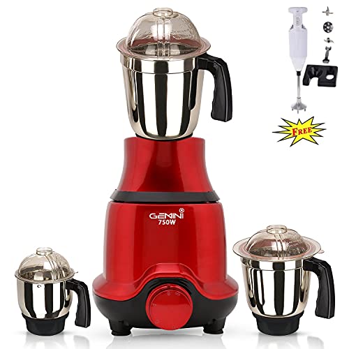 Gemini BUTREP21 750-Watt Mixer Grinder with 3 Jars and Free 200W Hand Blender (1 Wet Jar, 1 Dry Jar and 1 Chutney Jar) – Red