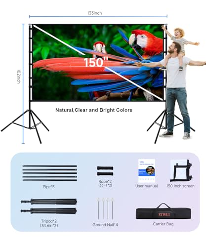 Image of STWUI Projector Screen with Stand - 150 Inch Portable Projector Screens Outdoor Indoor Projector Screen 16:9 4K HD Outdoor Movie Screen with Carry Bag,Enjoy Home Theater Projection Screen