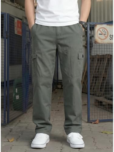 Image of Men's Cargo Pants-100% Premium Cotton Tapered Fit Lightweight Breathable Multi-Pocket Drawstring Utility Casual Trousers