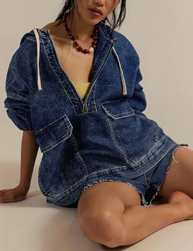 Omoone Women's Denim Pullover Jacket Oversized Half Zip Hoodie Jean Top Sweatshirt with Pockets3