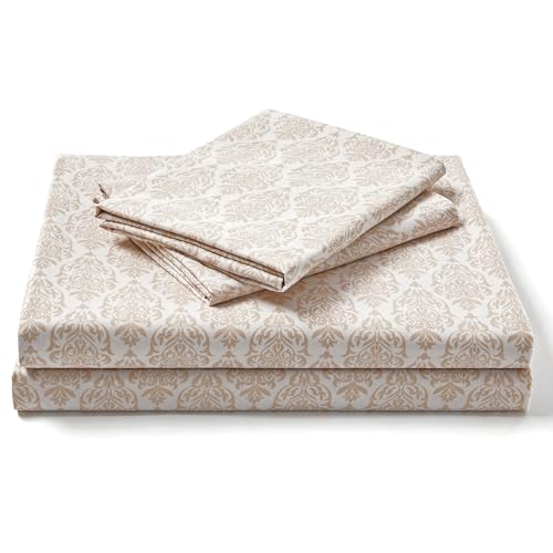 FreshCulture Printed Bed Sheets - Ultra Soft Queen Sheet Set - Brushed Microfiber Damask Sheets - Deep Pockets up to 16