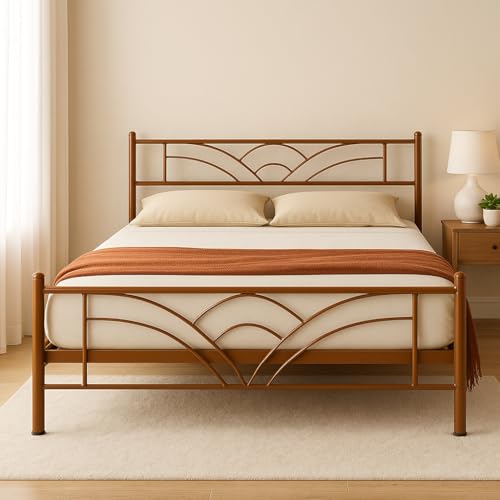 Image of Zyra Metal Queen Size Bed Without Storage | Wrought Iron Double Bed with Headboard & Footboard | Sturdy Powder Coated Platform Bed Queen Size Cot for BedroomLivingRoom Brown (75x60)