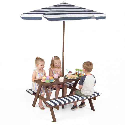 COSTWAY Table de Pique-Nique Enfant avec Parasol Amovible et Réglable, Salon de Jardin en Bois...