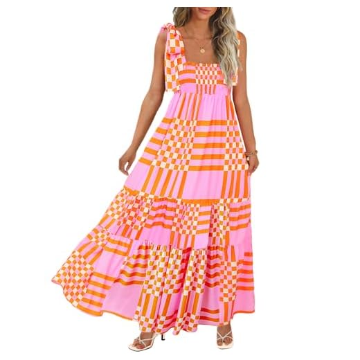 Women's Summer Maxi Dress Boho Spaghetti Straps Casual Long A-line Smocked Beach Dress Square Neck Flowy Sun Dresses Green A-Pink S