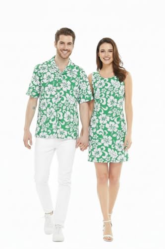 Image of Matchable Couple Hawaiian Luau Men Shirt or Women Tank Dress in Classic Vintage Hibiscus