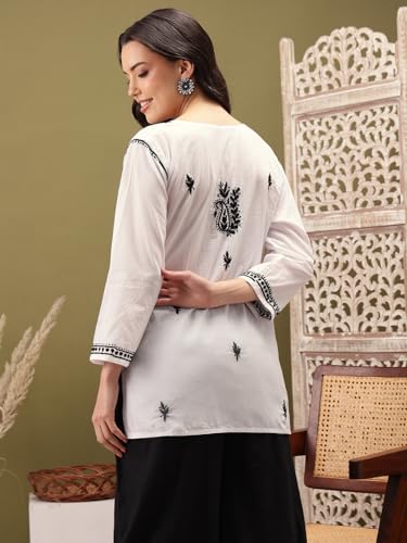 Image of Ada Women's Cotton Regular Fit Tunic Hand Embroidered Lucknow Chikankari Short Top Kurti A100554