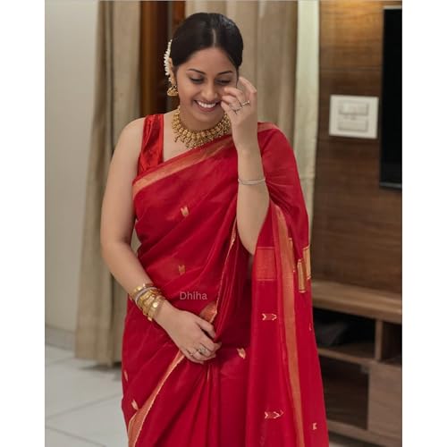 Image of Original Maheswari Cotton Silk Saree for Women | Kanjivaram Pure Silk Cotton Sari with Blouse | Zari Work | Tassels | Handloom Weave