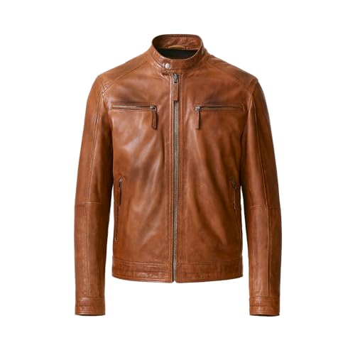 Zerimar Cazadora Cuero Natural | Chaqueta Hombre | Cazadora Biker Piel | Biker Hombre Casual | Cazadoras para Hombre | Chaqueta Invierno | Color Cuero Talla L