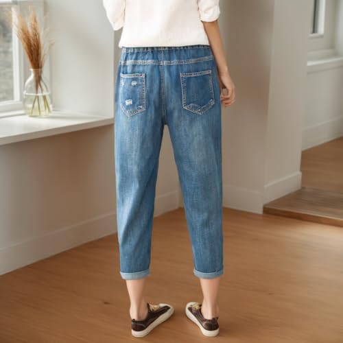 Womens High Waist Jeans Vintage Floral Embroidery Denim Pants Plus Size Drawstring Boyfriend Ripped Trousers3