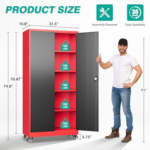 Image of SISESOL 75 inch Tall Metal Storage Cabinet with Wheels,Rolling Garage Storage Cabinet with Lock,Red Metal Cabinets on Wheels,Locking Tool Cabinets on Wheel for Garage,Home,Office,Shop