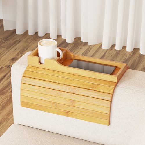 SpaceAid Bamboo Couch Cup Holder, Anti Falling Foldable Sofa Armrest Tray with Cup Holder, Couch Arm Side Table Organizer for Drink Cup Remote Snacks (Natural)