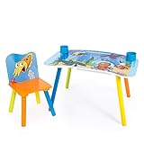 Kinder Sitzgruppe 2 teilig bestehend aus 1 Maltisch mit 1 Kinderstuhl, 2 Becher, Ablage und Papierrolle fürs Kinderzimmer.