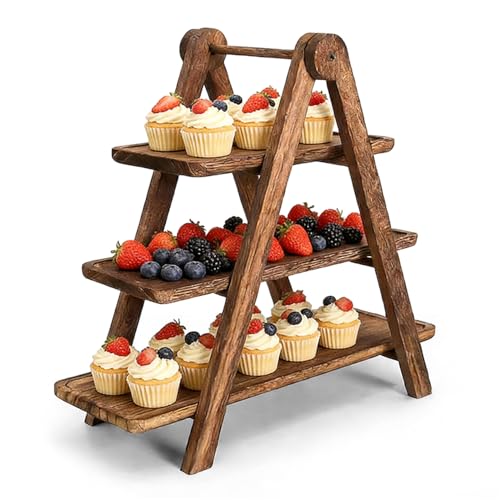XJJAUGKLY Holz Etagere 44x35x17cm Rechteckige Etagere aus Holz mit 3 Etagen Tragbar Faltbarer Dessertständer Stabiles Gestuftes Tablett zum Anrichten & Präsentieren Passend für Parteien Picknick
