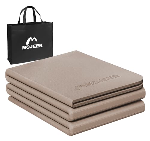 MOJEER ヨガマット 折りたたみ 幅広 6mm トレーニングマット ストレッチマット 軽量 TPE素材 183×61×0.6cm コンパクト 滑り止め トラベルヨガマット 持ち運び用収納袋付き (カーキ色,L)