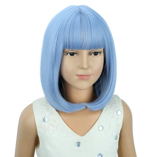 Image of PATTNIUM Light Blue Bob Wig for Kids Girls Short Blue Straight Wig with Bangs Cosplay Party Synthetic Rose Net Daily Wear Wig