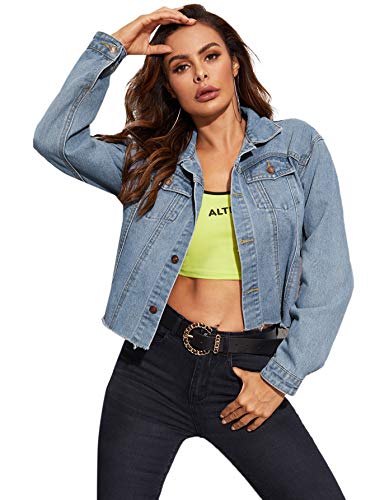 Floerns Women's Washed Distressed Frayed Hem Jean Denim Jacket Blue L