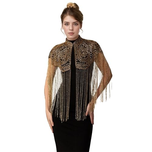 Old DIrd 1920s Sequin Shawl Wraps for Women Long Fringed Beaded Evening Capelet Art Deco for Evening Dresses Wedding Party Gold