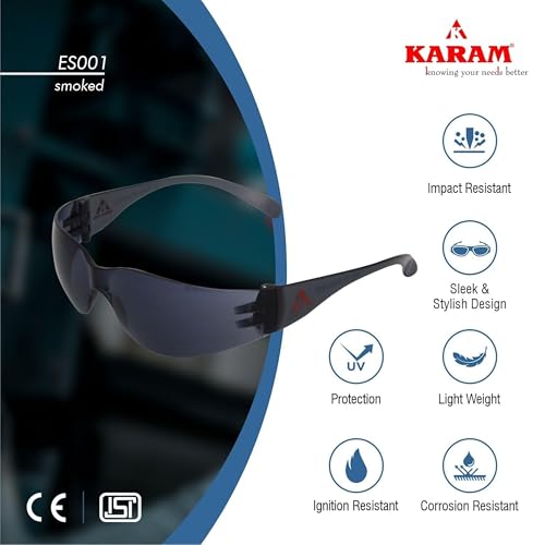 Image of Karam ES001 Safety Goggles for Man with Smoked Lens | Safety Glasses for Multipurpose Use for Pollution, Dust, Riding & Construction Work | Scratch & Impact Resistant (Pack of 5)