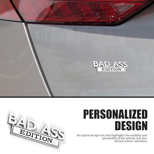 Image of 1 Pack Car Fender Badge Decal, Bad Ass Edition Design, 3.93 inch x 1.33 inch Three Dimensional Tailgate Front Grille Hood Decal, Universal Retrofit Decorative Replacement (Silver & Black)