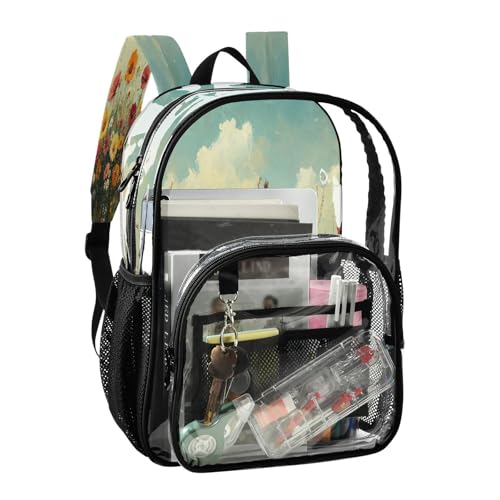 Wild Flowers Oil Painting Clear Backpack - Stadium Approved Large 15.7-inch Waterproof Transparent Bag for Sports, Concerts, Work, Travel#2372