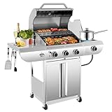 G31 pro Gas Grill 34,000 BTU 3-Burner Propane Grill with Side Burner, Stainless Steel BBQ Grill, Cast Iron Grates & Portable Cart with Wheels，Outdoor Barbecue Grill for Backyard, Patio, Camping