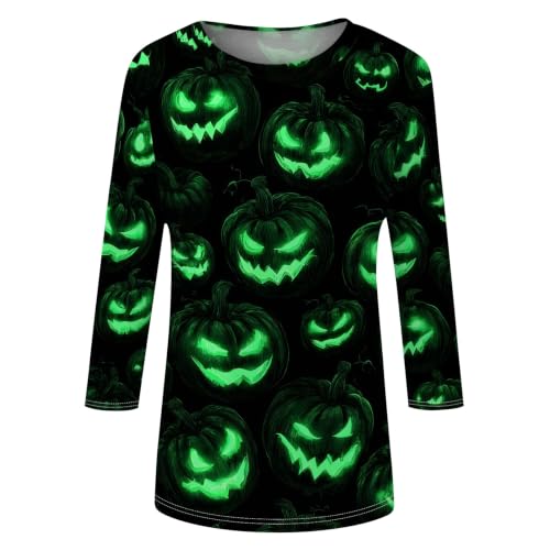 Image of Women Spooky Halloween Graphic Shirt 3 /4 Length Sleeve Crewneck Top | Halloween Funny Printed Pumpkin Plus Size Tshirts 2026 Fall Outfits Skeleton Tee Going Out Tops