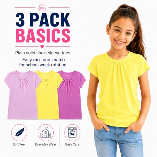 Image of Bienzoe Plain Solid Girls T-Shirts: School Basic Tee 3-Pack | Short Sleeve, Ages 4-13, PE, Recess, Outdoor Play, Soft Cotton Blend, Breathable Quick-Dry, Easy Care, Easy to Mix and Match