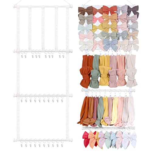 Image of CN Headband Organizer Holder for Baby Girls, Bow Holder for Girls Hair bows,Hair Accessories Hanger Boho Ribbon Storage with30 White Clips for Nursery Hanging Room Decor For Wall (All White)