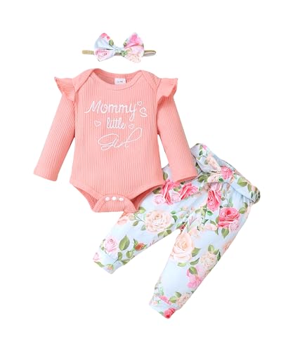 Image of veikimous Baby Girl Clothes Infant Girl Ruffle Ribbed Romper Floral Pants Set Cute Newborn Girl Clothes