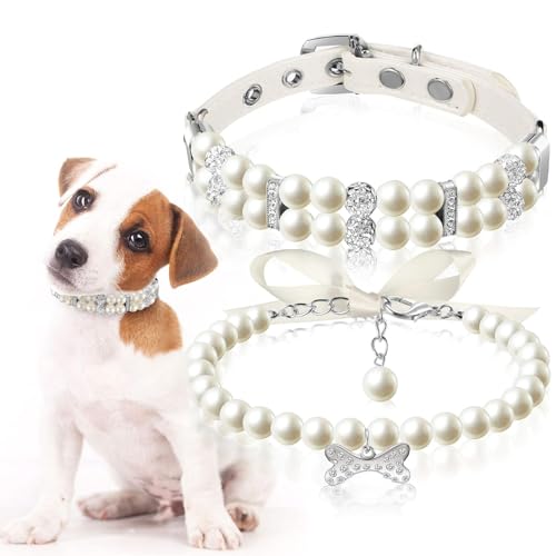Hicarer 2 Pcs Small Dog Cat Pearl Collars and Pearl Necklace Set Cute Pet PU Leather Collars Necklace with Crystal Rhinestone for Dogs Cats Puppy Kitten Party Wedding Birthday (White,M)